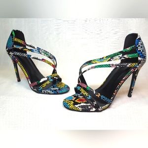 Open Toe High Heels Women Rainbow Faux Snakeskin Strap High Heel Shoes-Size 38